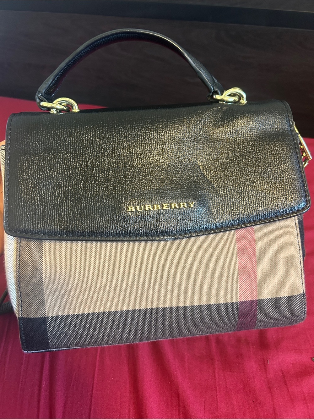Burberry Black Leather & Beige Check Top-Handle Satchel